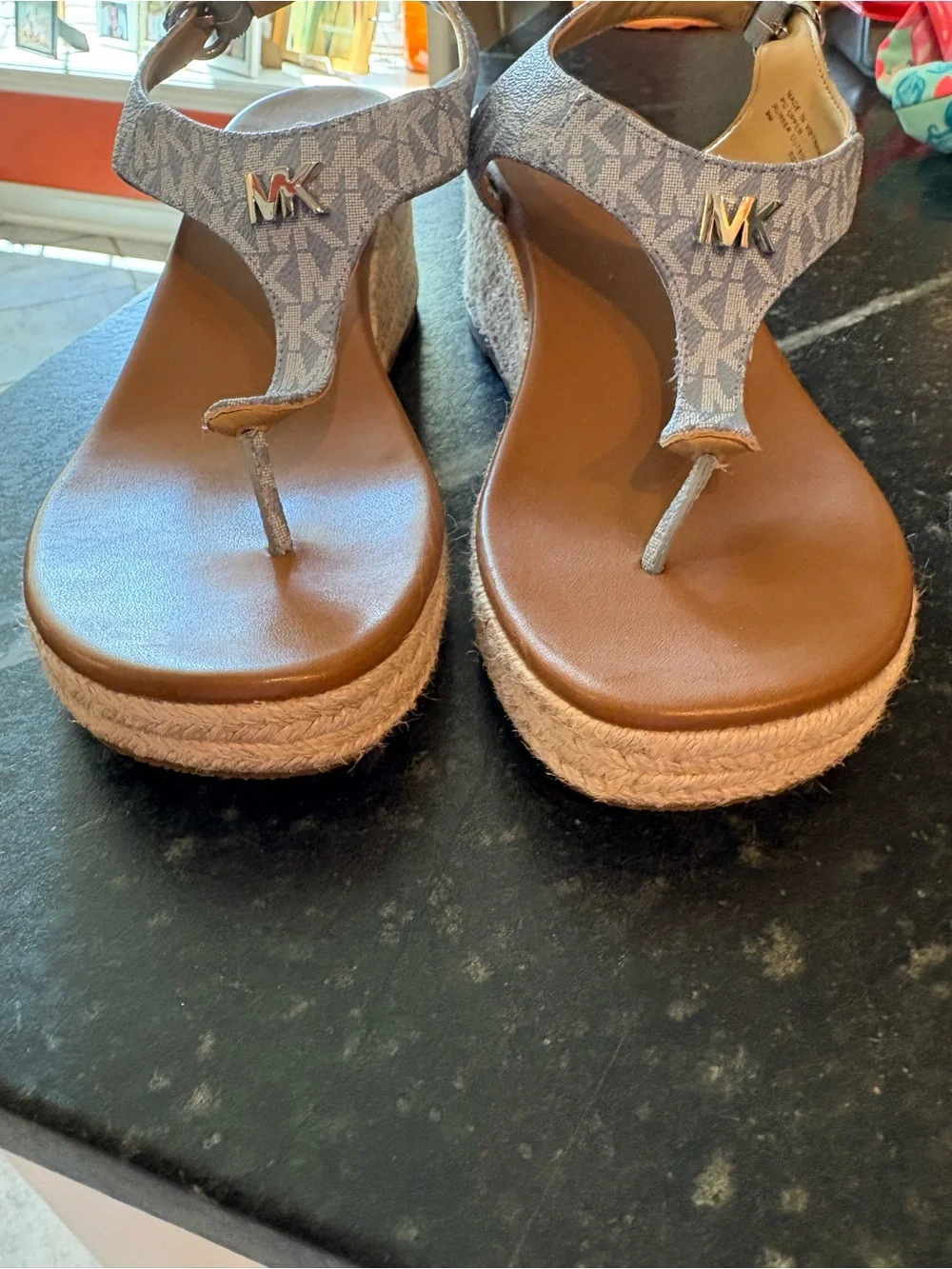 Michael Kors Blue Monogram T-Strap Thong Sandals